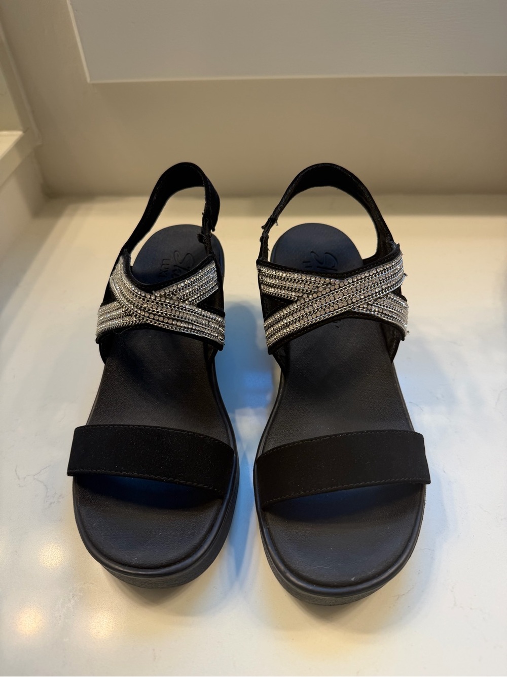 Skechers Black Slingback Sandals with Silver Rhinestone Cross-Strap